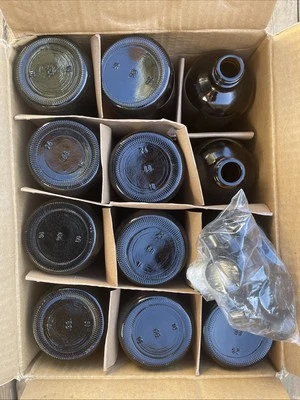 SKS 16 fl oz Amber Glass Boston Round Bottles w/ Black Cone Lined Caps Case Of 12