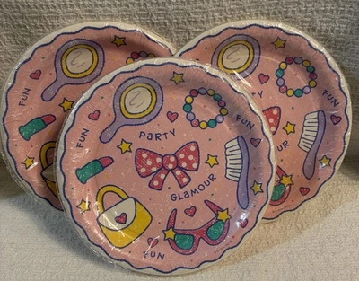 Lote de 3 platos de fiesta vintage con sello niñas labio lápiz labial corazones diversión 8 unidades Foto 1 de 4
