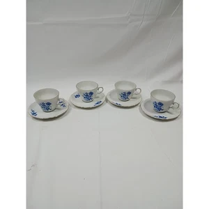 Wunsiedel Bavaria Germany Tea Cups and Saucers  Blue Floral Gold Trim Set of 4 - Picture 1 of 20