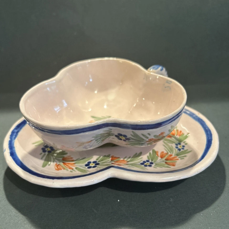 Antique Henriot Quimper Trefoil Shape Hand Painted Faience Cup & Saucer - Image 1 of 4