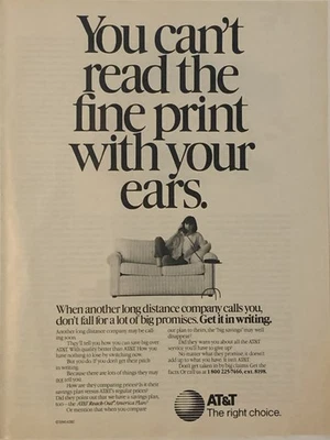 1990 AT&T Long Distance PRINT AD Can't Read Fine Print With Your Ears VTG 90s - Image 1 of 4