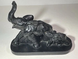 Black Resin African Elephant Mother & Child on Base Statue Figurine 6” Tall - Picture 1 of 24