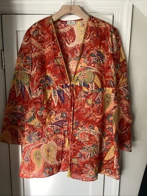 Blusa feminina ETRO vermelha floral paisley 100% linho tamanho 46 feita na Itália - Imagem 1 de 4
