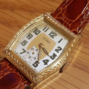 Technos Vintage Hand-Wind Men's Watch Gold/White Analog Leather Band - Picture 1 of 5