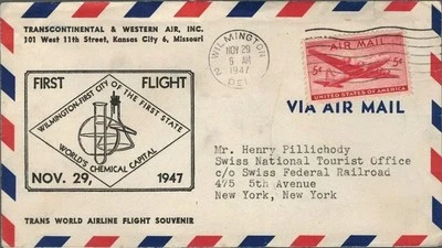 US First Flight Cover Wilmington DE 1947 Transcontinental & Western Air Envelope - Image 1 of 2