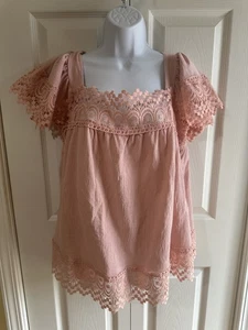 Blusa Top Mujer Talla L Grande Rosa Polvoriento Borde de Encaje Boho Cuello Cuadrado Atado Espalda - Imagen 1 de 5