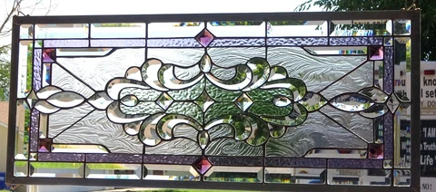 Stained Glass Transom window hanging 34 1/2 X 15 1/2 incl hooks Cover