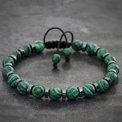 Bracciale con pietre dure naturali malachite ematite regolabile da uomo donna - Immagine 1 di 2