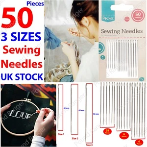 50 Sewing Needles Big Eye Thread Assorted Sizes Easy Self Thread Large Pack Hand - Picture 1 of 20