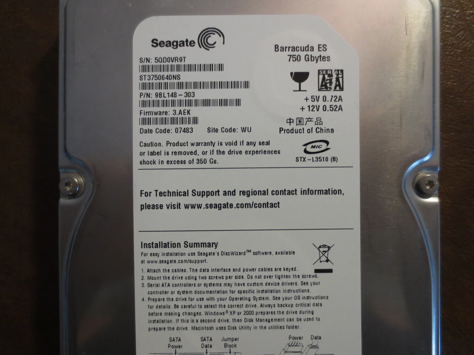 Seagate ST3750640NS 9BL148-303 FW:3.AEK WU 750gb 3.5" Sata HDD - Image 1 of 1