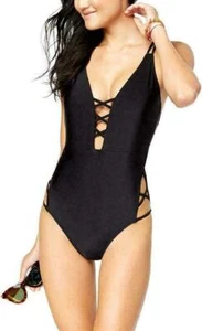 NWT JESSICA SIMPSON Plunging Strappy One Piece Swimsuit sz S Black - Picture 1 of 5