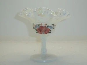 FENTON HANDPAINTED HEARTS & FLOWERS WHITE LUSTER COMPOTE SIGNED - Picture 1 of 5