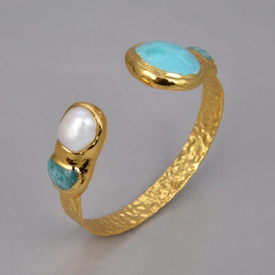 Brazalete Brazalete Para Mujer Blanco Keshi Perla Verde Amazonita Chapado en Oro Foto 1 de 4