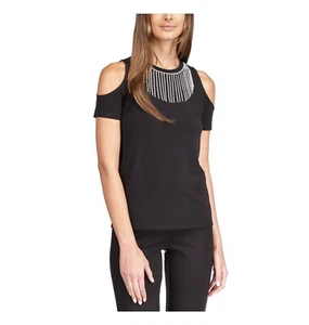MICHAEL Michael Kors Womens Black Fringe Short Sleeve Crew Neck Party Top M B4HP - Picture 1 of 4
