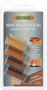 4 x Bastoncini Riempitivi Cera Rustins Briwax Kit Riparazione Mobili Tonalità Medie  - Foto 1 di 4