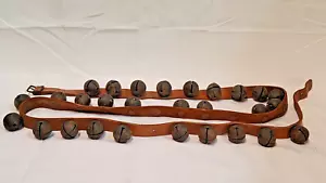 Vintage Horse Sleigh Bells 1.25" Leather Buckle Strap 6' Long 31 Jingle Bells - Picture 1 of 14