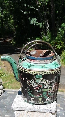 ANTIQUE 19c CHINESE POTTERY POLYCHROME TEAPOT BLACK W/DRAGON MOTIFS,MARK,MARKED - Image 1 of 4