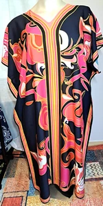 Blue Pink Floral Caftan Robe Dress Onesize Fits 2X-3X Pullover Groovy Retro - Imagen 1 de 8