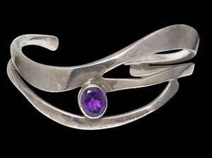 Modernist Handmade Cuff Sterling 925 6.5”Bracelet, 9mm X 7mm Amethyst 28.7g - Picture 1 of 3