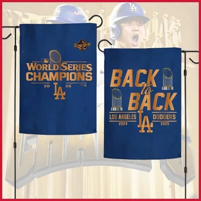 💯Los Angeles Dodgers 2025 World Series Champions Back To Back Gold Garden Flag - Image 1 of 4