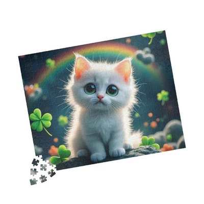  500pc Cute Lucky Shamrock Cat Jigsaw Puzzle Irish Kids Gift Fun Activity Game - Image 1 of 4
