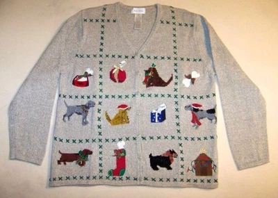 Suéter de Navidad, Cárdigan para Mujer, Mediano, Lindos Perros, Dachshund, Scottie Foto 1 de 4