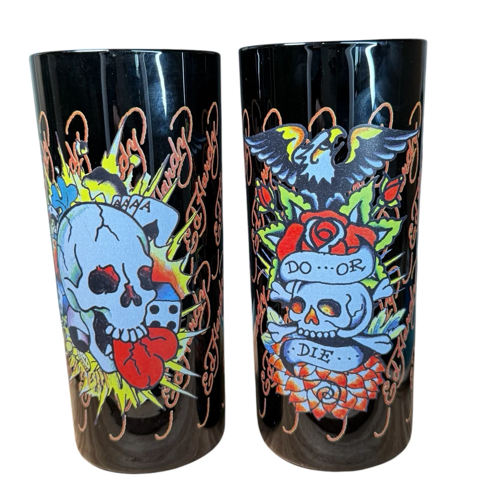 Набор из 2 черных пинтовых стаканов Don Ed Hardy Skulls - Изображение 1 из 4