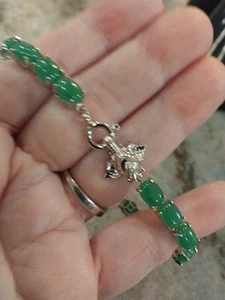 Green Jade Tennis Bracelet W/Elephant Head/Rhod/SterlingSilver (7.25") 27.85 TCW - Picture 1 of 14