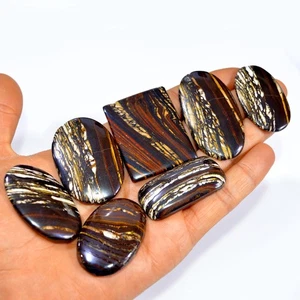 7 Pcs 607 Cts Natural Iron Tiger Eye Cabochon Gemstone Lot 55x26 40x27mm #3225 - Picture 1 of 4