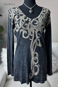 USA New VOCAL Womens PLUS SIZE CRYSTAL STUD BLACK TAUPE MINERAL DYED SHIRT 1X - Picture 1 of 4