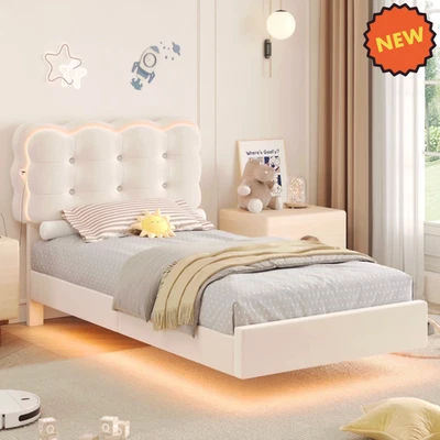 Marco de cama tamaño doble LED blanco nube niño niña dormitorio cama para niña Foto 1 de 4