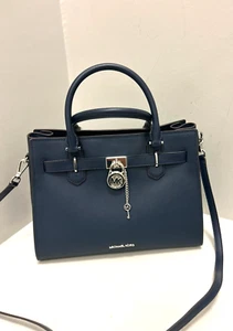 Michael Kors Hamilton Medium Women Leather Satchel Crossbody Handbag Purse Navy - Picture 1 of 15