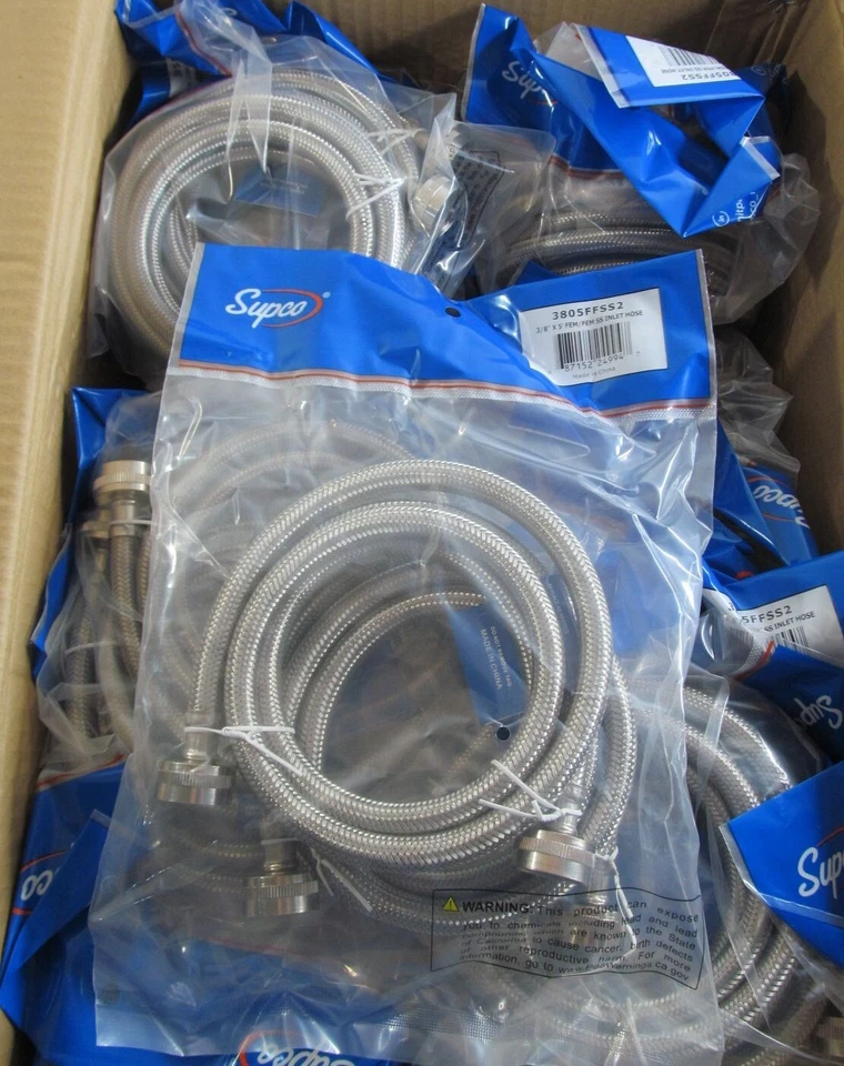 NEW CASE 20-PAIRS SUPCO 3805FFSS2 STAINLESS STEEL WASHER INLET HOSES 3/8" x 5ft - Image 1 of 2