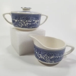Blue Willow Ware Creamer & Covered Sugar Bowl Set Vintage Birds Trees Deco - Picture 1 of 8