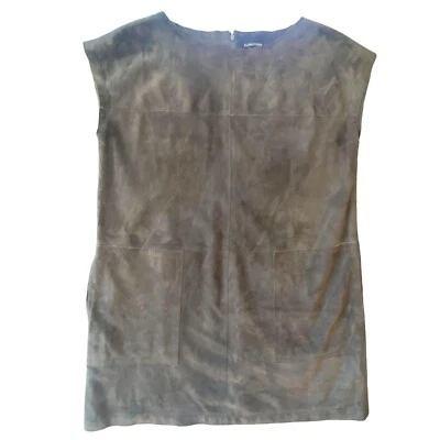 Eileen Fisher Dress M Dark Olive Goat Suede Cap Sleeve Boxy Boho Buttery Soft - Image 1 of 4