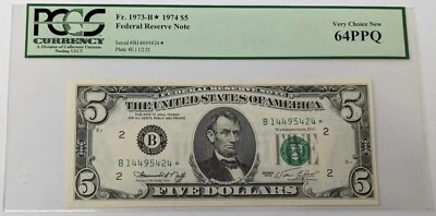 Fr. 1973-B* 1974 $5 Federal Reserve Star Note PCGS 64PPQ - Image 1 of 2