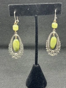 Vintage Oval Faux Silver & Lime Green Stone Dangle Pierced Earnings - Picture 1 of 6