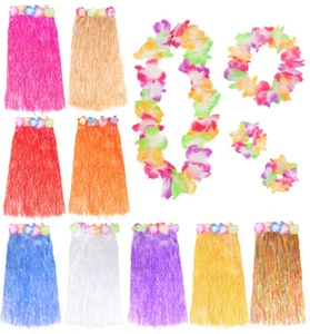 HAWAIIAN HULA SKIRT AND 4 PC LEI SET LADIES LUAU LONG 80CM FANCY DRESS COSTUME - Picture 1 of 11