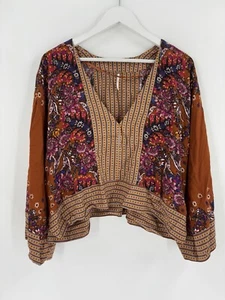 Free People Mix n Match Blouse Womens Small Rust Floral V Neck Boho Pullover - Picture 1 of 14