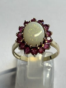Outstanding & Large 9 Carat Yellow Gold OPAL & RUBY Cluster Ring - Picture 1 of 6