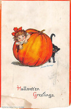 1913 sgd. Brundage Girl Climbing out of Pumpkin & Black Cat Halloween post card