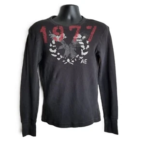 American Eagle 1977 Waffle Thermal Black Size Small Graphic Logo Vintage Y2K - Picture 1 of 7