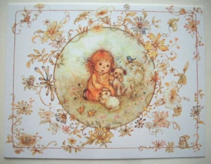 Mary Hamliton Girl with puppy kitten bird blank vintage greeting card unused *F5 - Picture 1 of 3