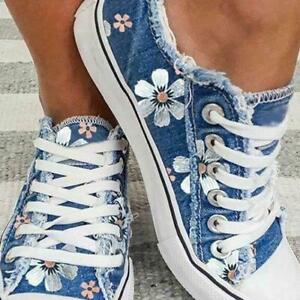 Womens Embroidery Flower Lace-Up Sneakers Flats Casual Denim Canvas Board Shoes