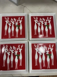 4  Crate & Barrel Reindeer Appetizer Christmas 5.75" Square Porcelain Plates - Picture 1 of 6