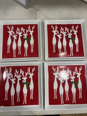 4  Crate & Barrel Reindeer Appetizer Christmas 5.75" Square Porcelain Plates - Image 1 of 4