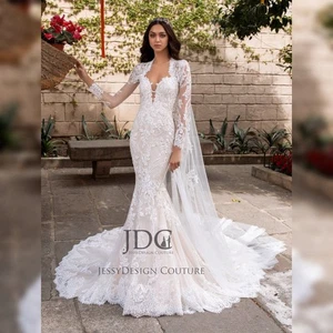 Edles König Meerjungfrau Brautkleid Hochzeitskleid m.Spitze Schleppe Langarm - Bild 1 von 6