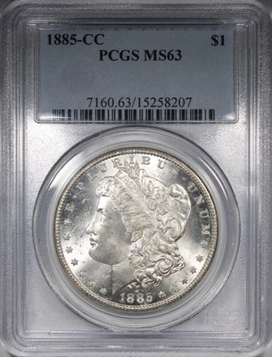 Dólar Morgan 1885-CC GRADUACIÓN PROFESIONAL MS63 mayormente blanco gran brillo fecha clave $1 Foto 1 de 4