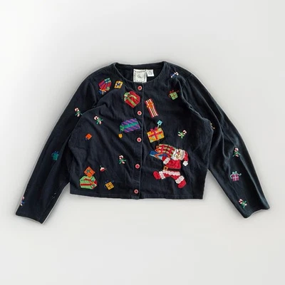 VTG MICHAEL SIMON LITE 100% Cotton Christmas Cardigan Sweater Size L Santa Gifts - Image 1 of 4