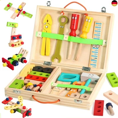 BESUCHE DEN TONZE-STORE Werkzeugkoffer Kinder Spielzeug ab 3 Jahre Junge Mädchen Holzspielzeug